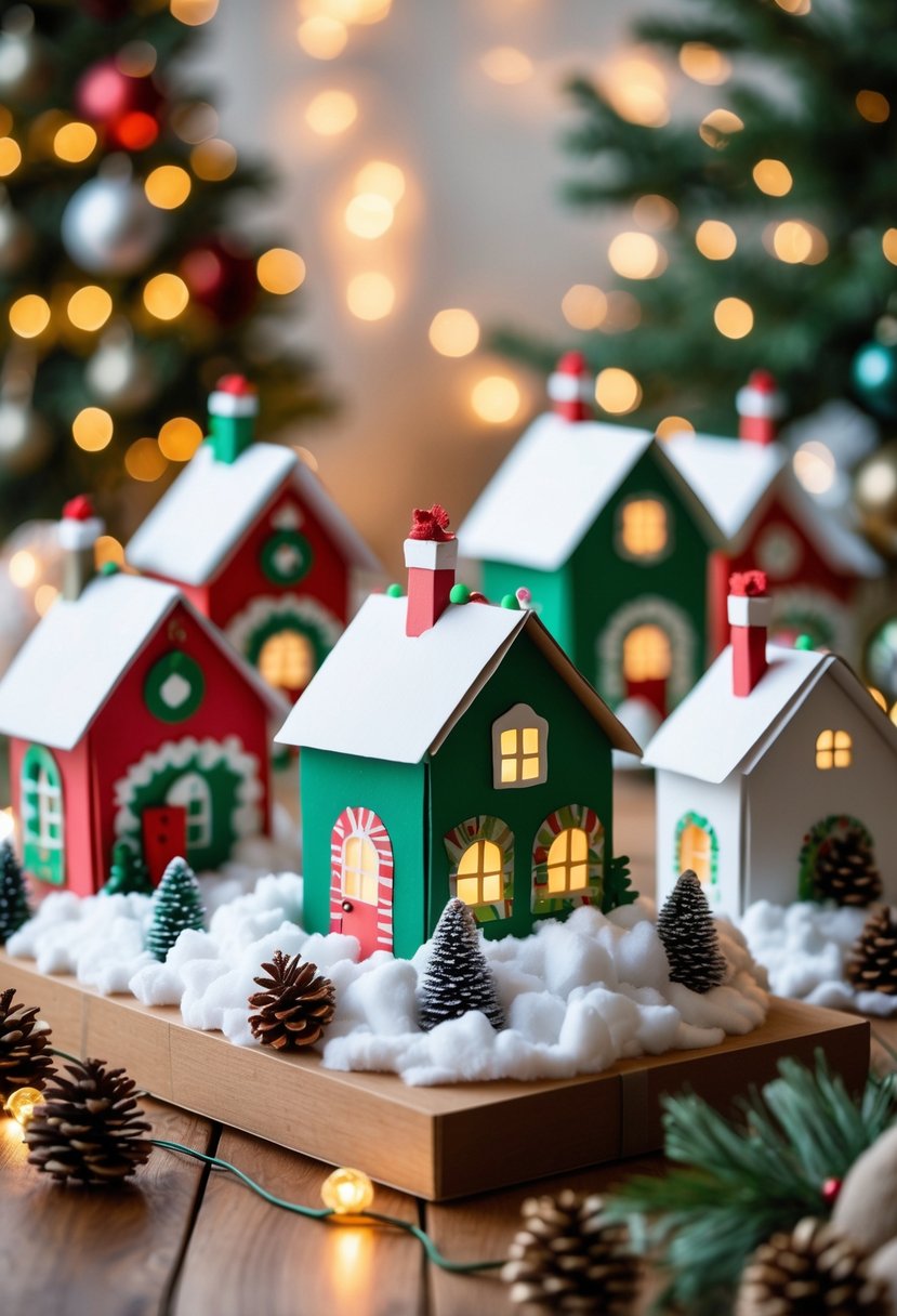 A Christmas village made from decorated shoeboxes with miniature houses, holiday decorations, and faux snow arranged on a table.