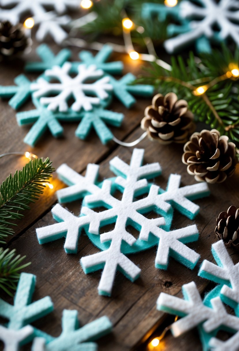 Close-up of felt snowflake ornaments on a wooden surface surrounded by pine branches, pine cones, and warm fairy lights.