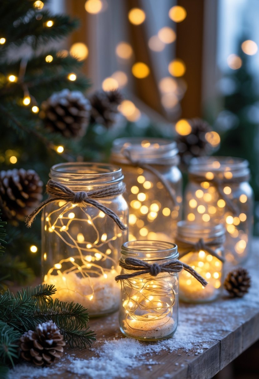 Several glass jars filled with glowing fairy lights decorated with twine and pine sprigs, arranged on a wooden surface with Christmas greenery and pine cones nearby.