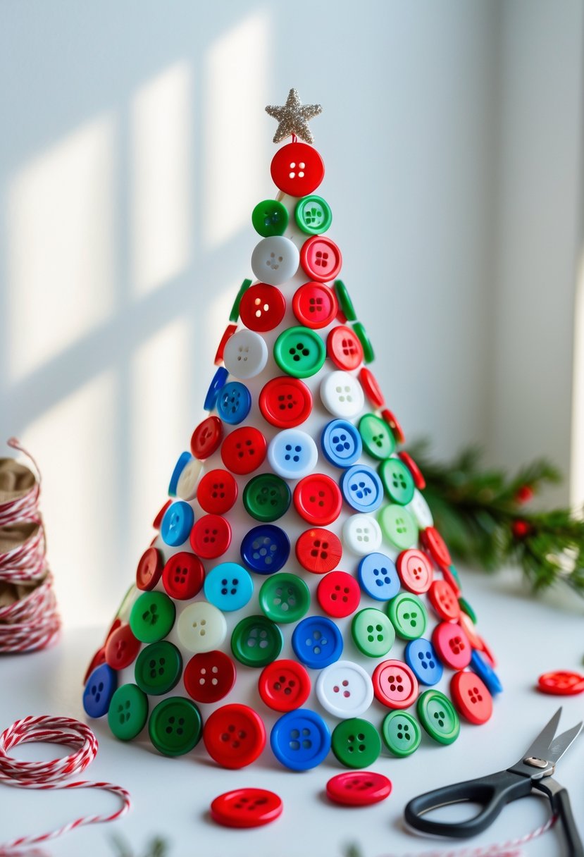 A Christmas tree made from colorful buttons arranged in a triangle shape with crafting supplies around it on a white background.
