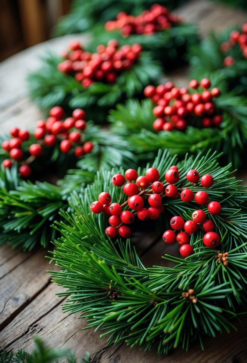 Several small pine wreaths with red berries arranged on a wooden table.