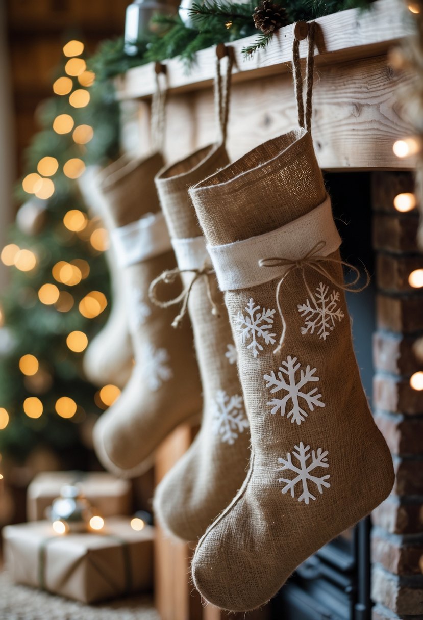 Rustic burlap Christmas stockings hanging on a wooden mantel surrounded by pinecones, evergreen sprigs, and warm fairy lights.