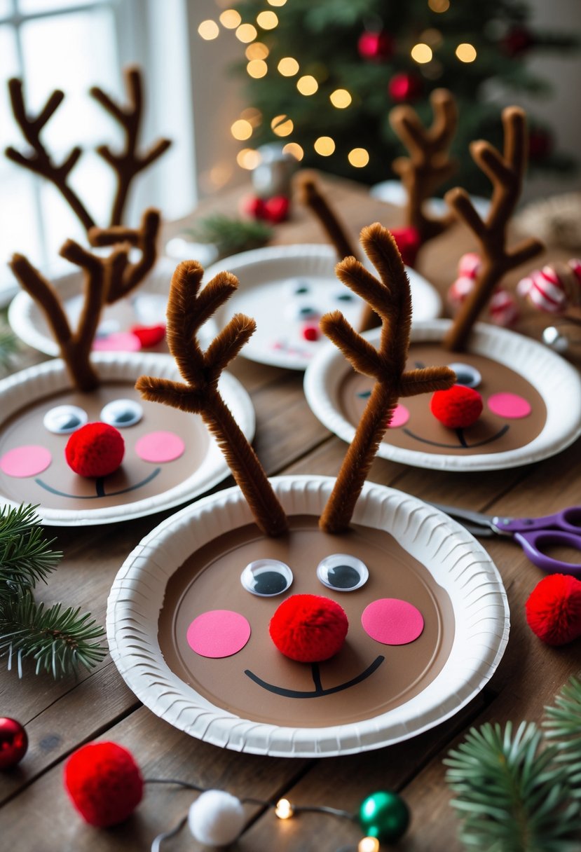 Several paper plate reindeer faces with red noses and antlers arranged on a wooden table with Christmas decorations and craft supplies around them.