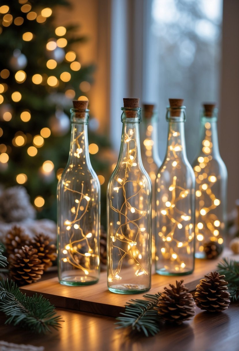 Clear glass bottles filled with glowing string lights arranged on a wooden table with pine cones and evergreen sprigs, creating a festive holiday scene.