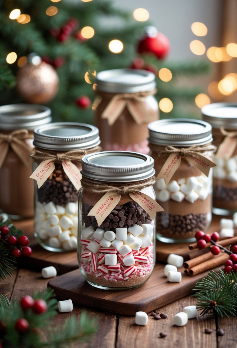 Several glass jars filled with layered hot cocoa mix ingredients decorated with twine bows and holiday tags on a wooden table surrounded by Christmas decorations.