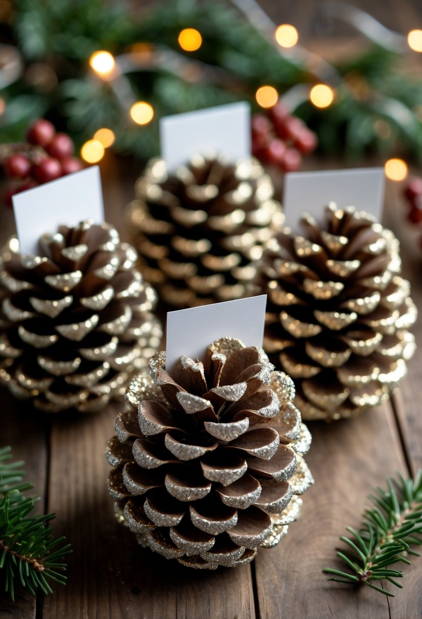 Several glittered pinecones holding blank place cards on a wooden table with Christmas decorations and warm lights in the background.