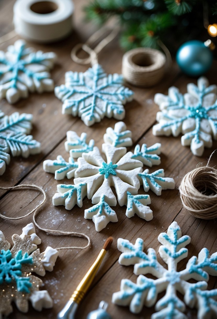 Close-up of handmade salt dough snowflake ornaments on a wooden surface with craft supplies around them.
