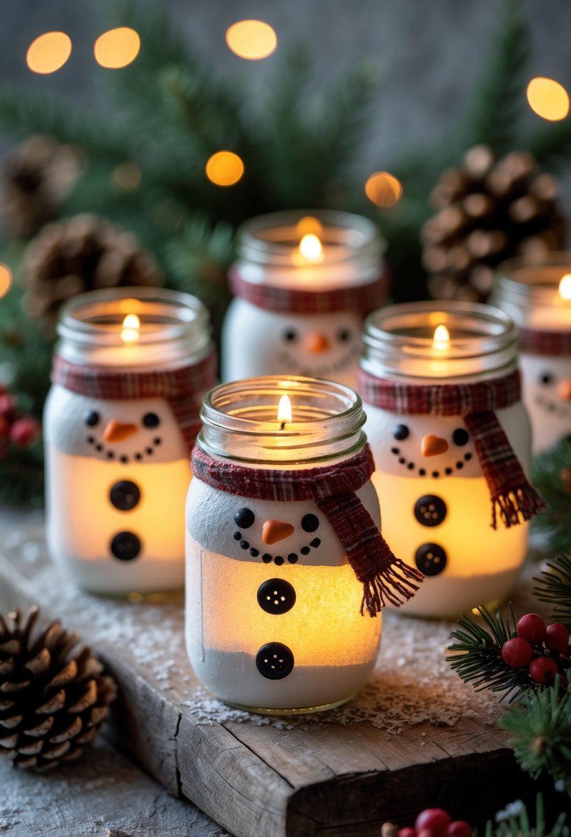 Mason jars decorated as snowmen with candles inside, placed on a wooden surface surrounded by Christmas decorations like pinecones and evergreen sprigs.