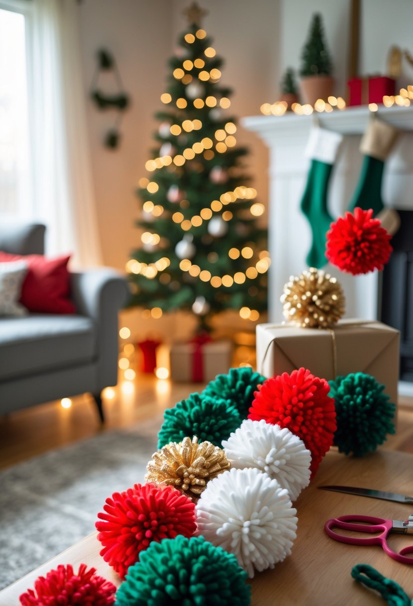 Colorful pom-pom garland hanging in a cozy living room decorated for Christmas with a small tree, gifts, and fairy lights.