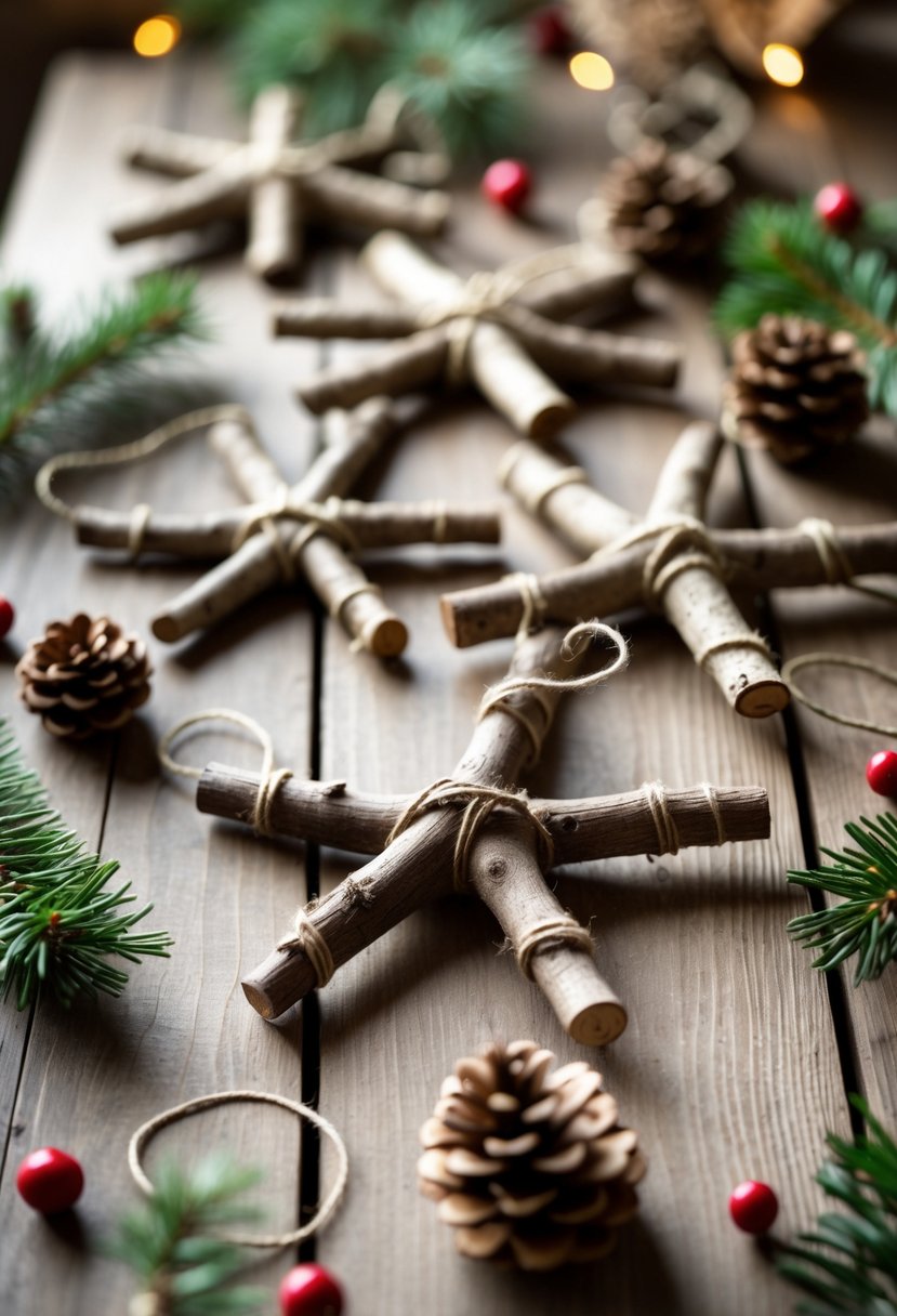 Handmade twig star ornaments arranged on a wooden surface with pinecones and evergreen sprigs nearby.