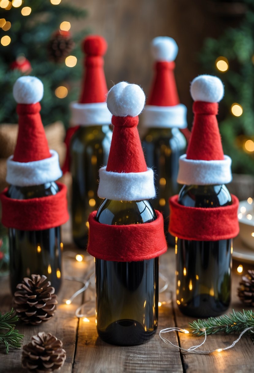 Wine bottles decorated with red and white felt Santa hat covers arranged on a wooden table with Christmas decorations.