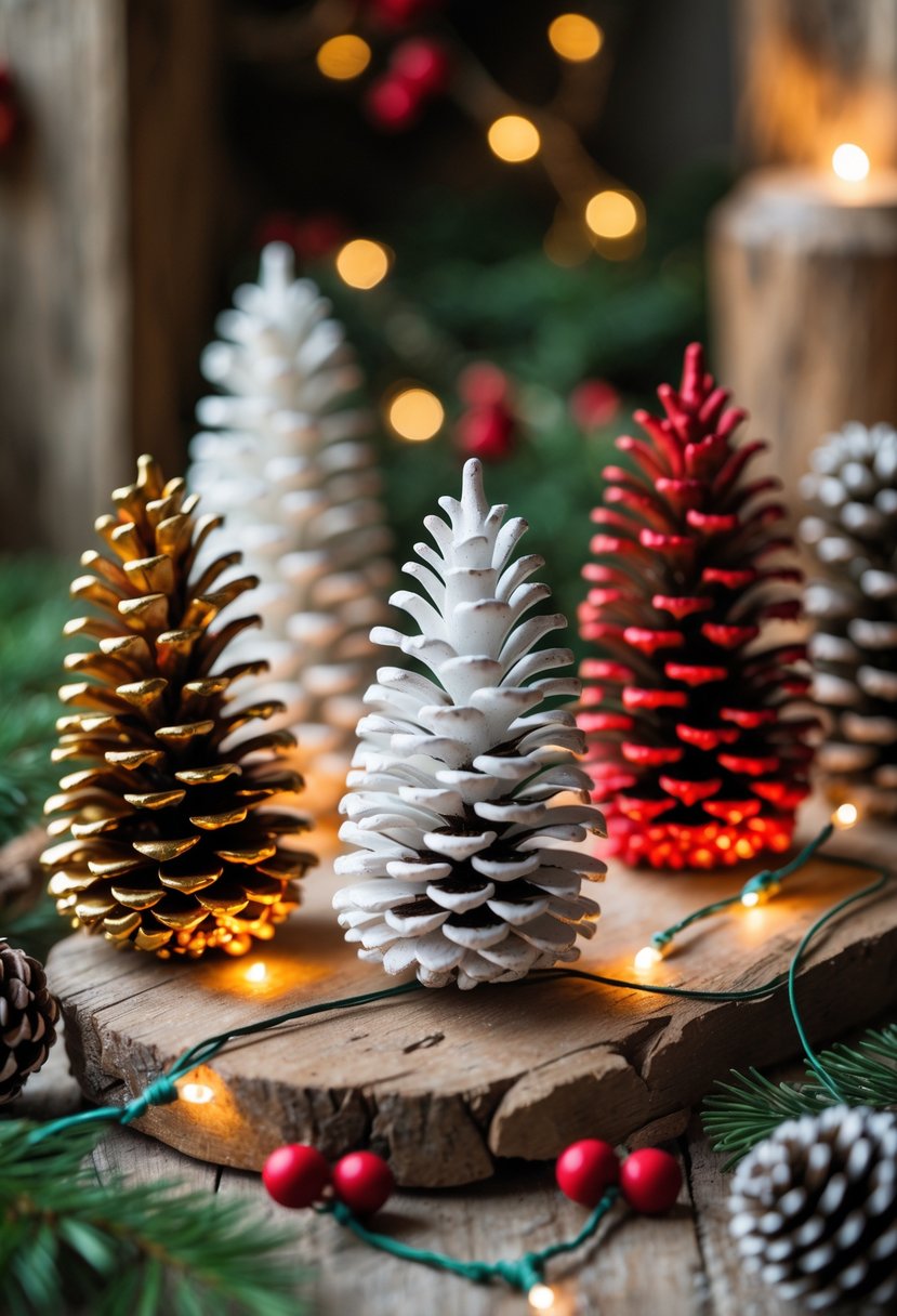 Several painted pinecones arranged as small Christmas trees on a wooden surface with holiday decorations and warm lighting.