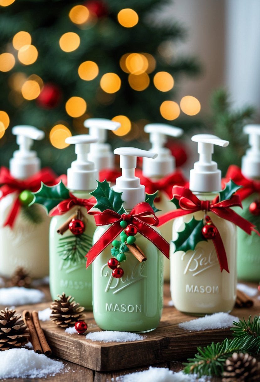 Several mason jars decorated with Christmas ribbons, pine cones, and ornaments, arranged on a wooden table with pine branches and soft holiday lighting.