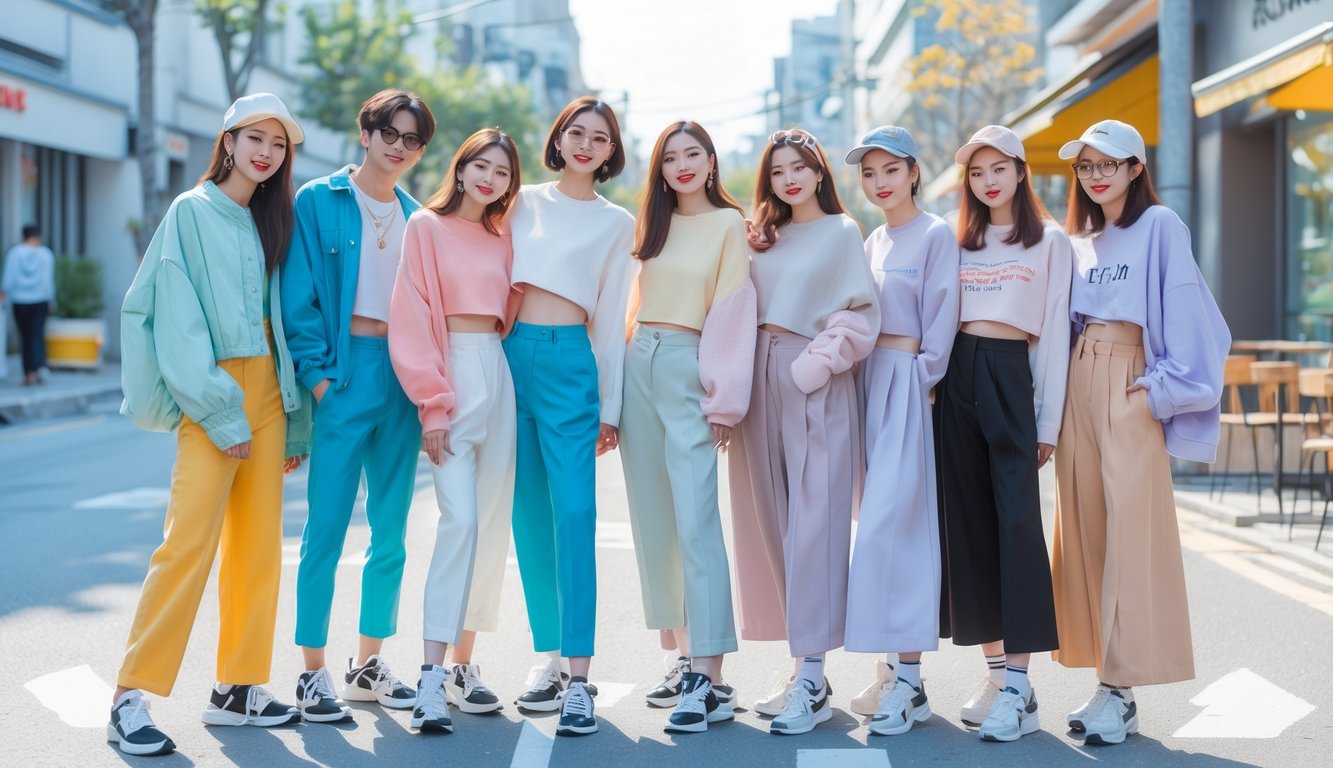 Sekelompok orang muda sedang berdiri dan berbicara di jalan kota dengan latar belakang kafe dan bangunan modern.