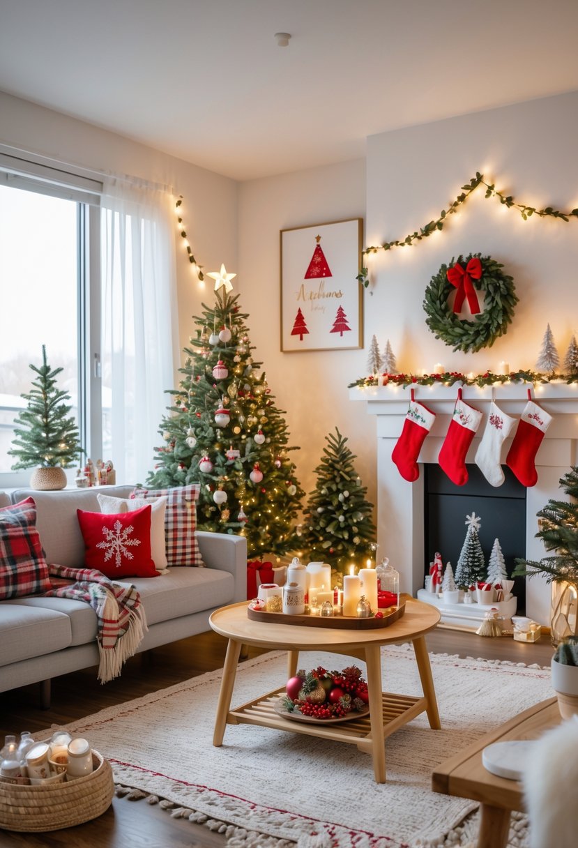 A cozy apartment living room decorated with a small Christmas tree, wreath, string lights, garlands, stockings, and various festive holiday decorations.
