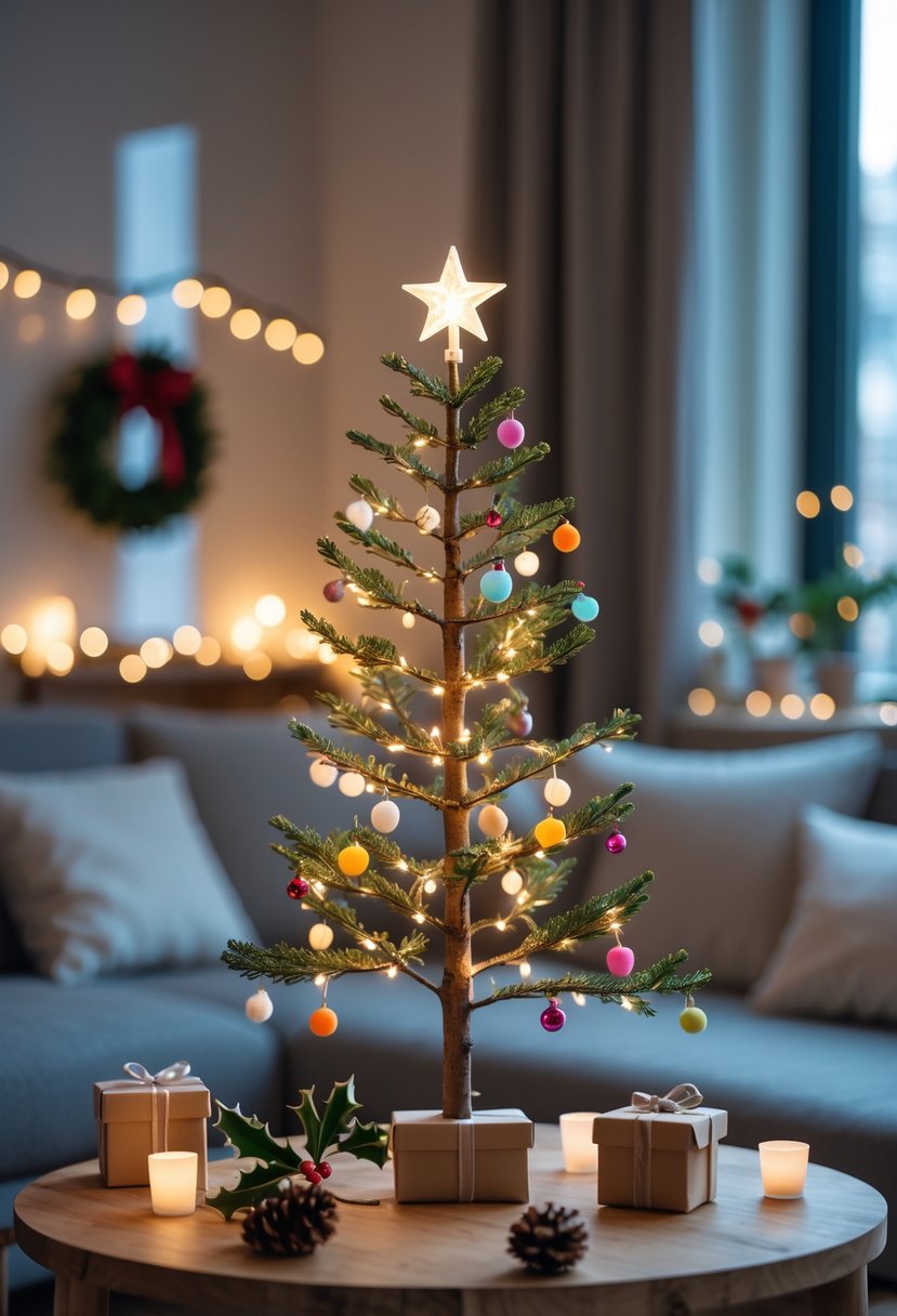 A small Mini LED Christmas tree on a wooden table in a cozy apartment with holiday decorations and soft natural light.