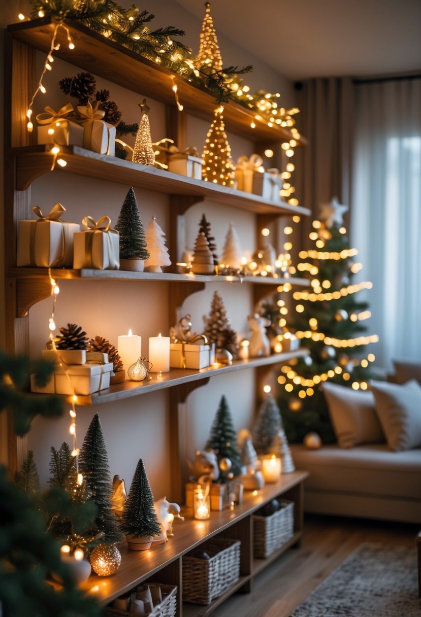 Apartment shelves decorated with twinkling fairy lights and various Christmas ornaments creating a warm festive atmosphere.