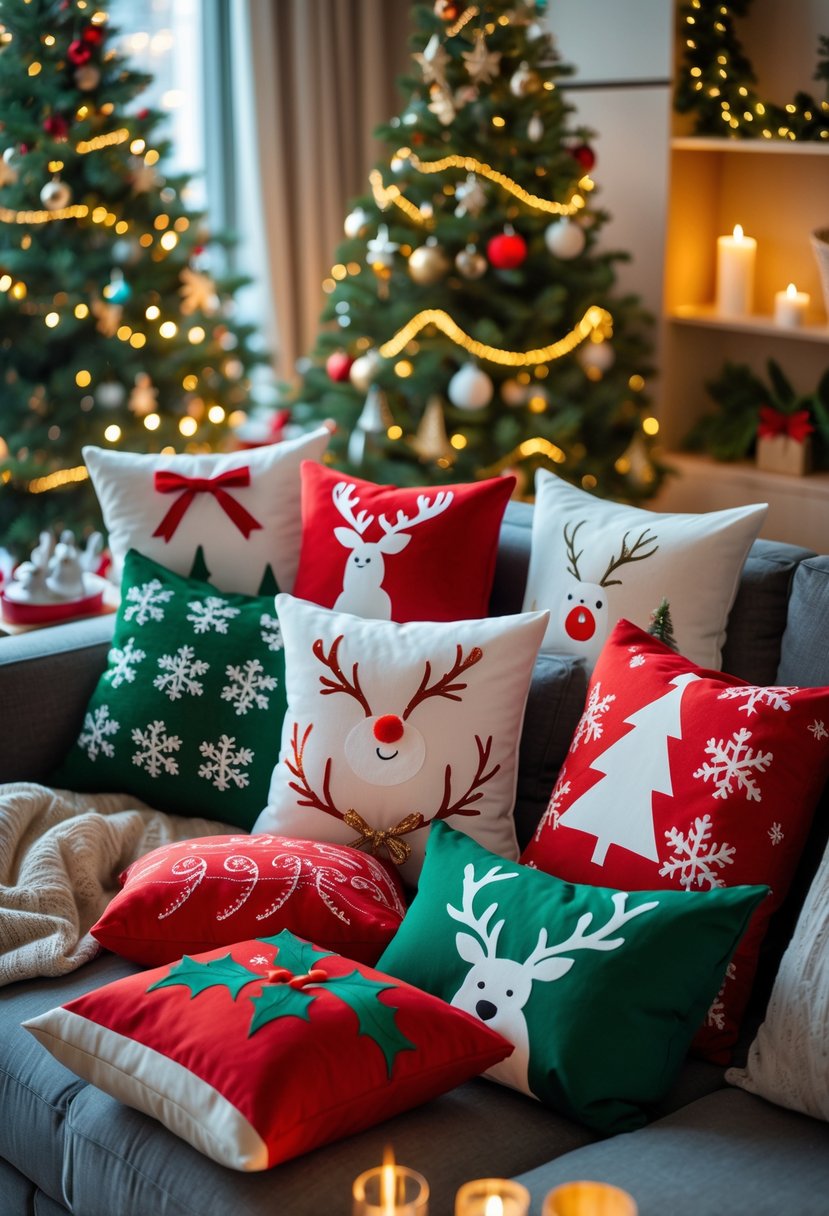 A living room with a sofa covered in festive holiday throw pillows featuring Christmas-themed designs, with a decorated Christmas tree and holiday decorations in the background.