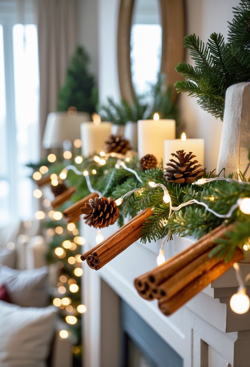 Close-up of a cinnamon stick and pinecone garland hanging in a cozy apartment decorated for Christmas.