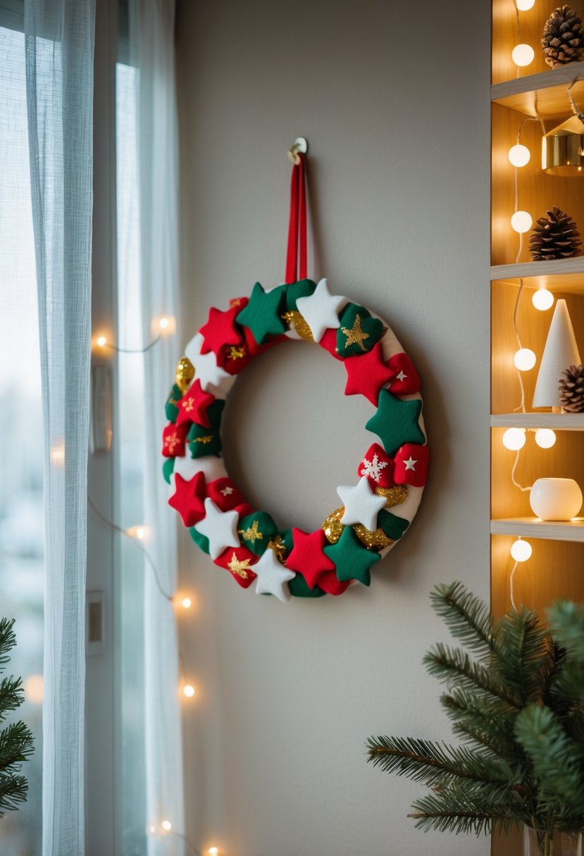 A felt ornament wreath hanging on a wall in a decorated apartment with Christmas decorations and soft natural light.
