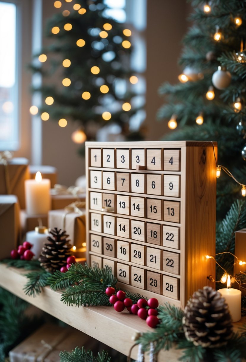 A rustic wooden advent calendar surrounded by Christmas decorations in a cozy apartment setting.