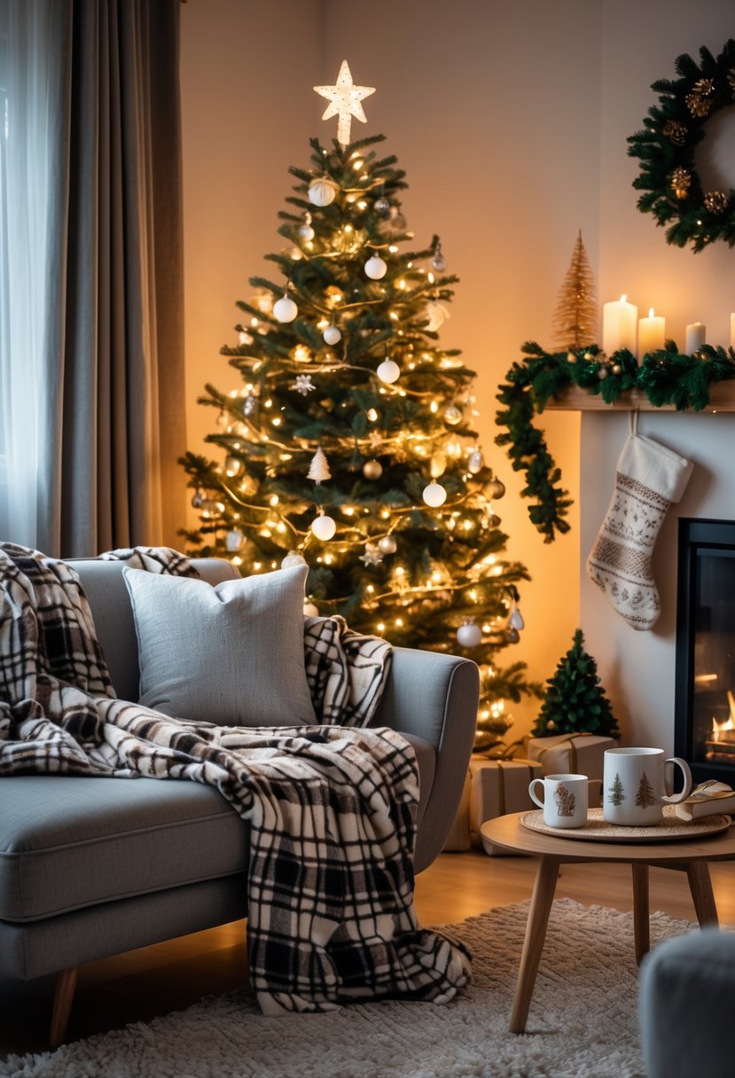 A cozy apartment living room decorated for Christmas with plaid fleece blankets on the sofa, a decorated Christmas tree, wrapped presents, and festive holiday decorations.