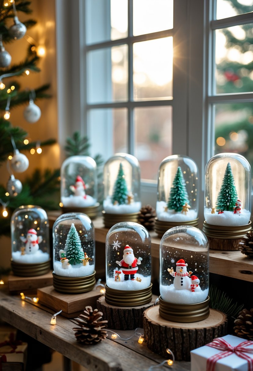 A cozy apartment scene with 15 mason jars filled with miniature winter scenes, arranged as Christmas decorations on a wooden shelf and table, surrounded by pinecones, fairy lights, and holiday decor.