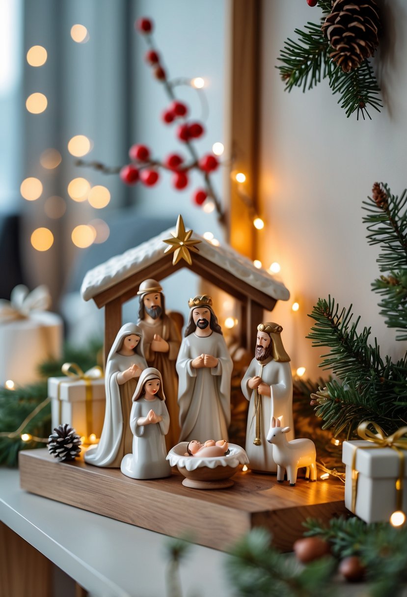 A small ceramic nativity set displayed on a wooden surface surrounded by Christmas decorations inside an apartment.