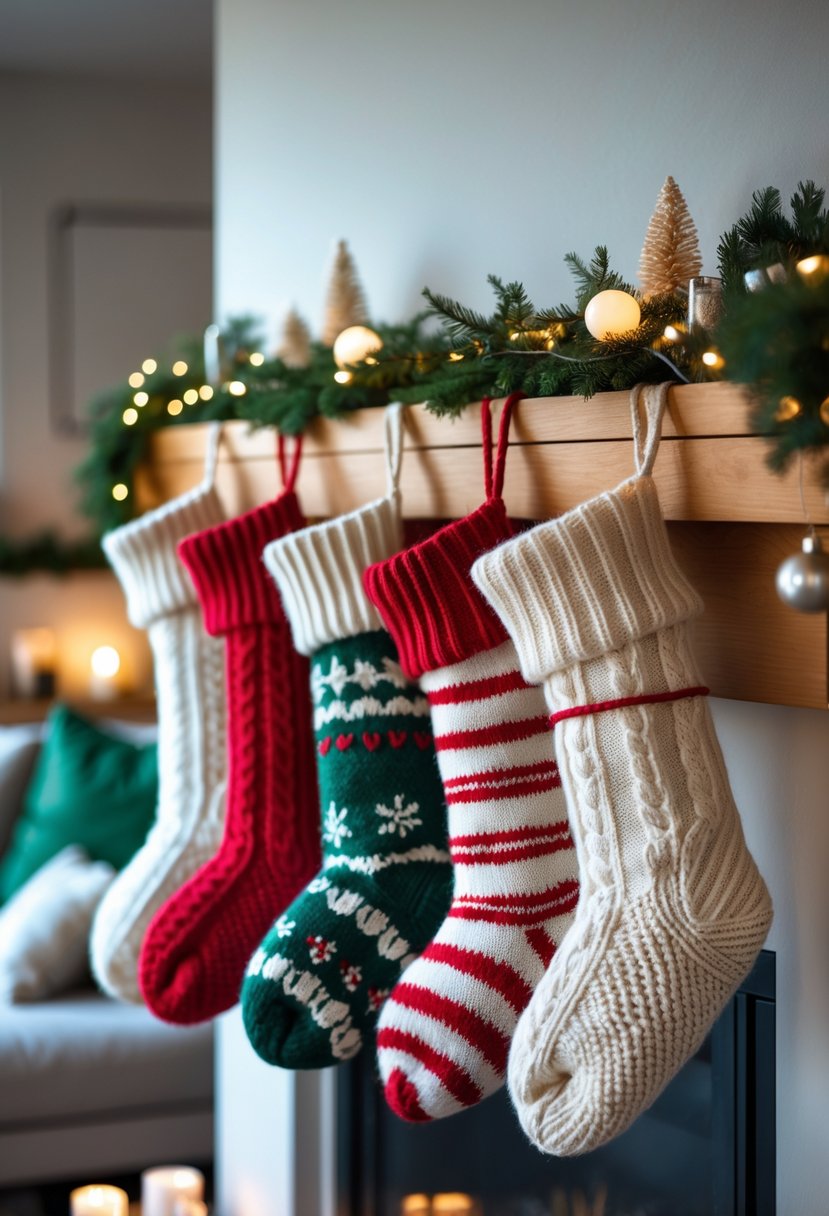 Cozy knit Christmas stockings hanging on a mantel with holiday decorations in a modern apartment living room.