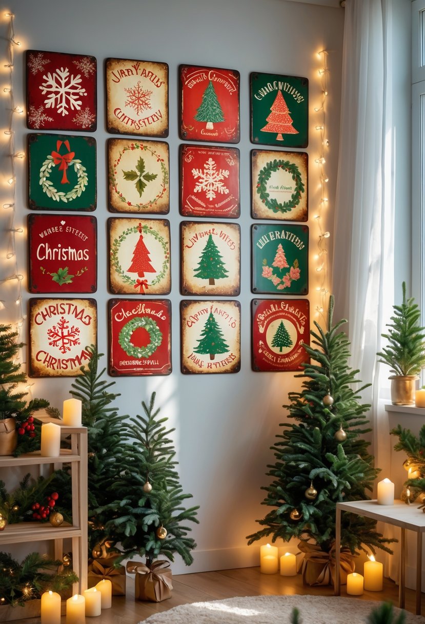 An apartment wall decorated with vintage metal holiday signs surrounded by Christmas decorations like lights, plants, and ornaments.