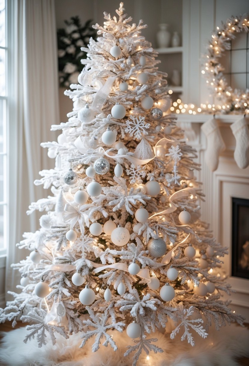 A white flocked Christmas tree decorated with white lights and white ornaments.