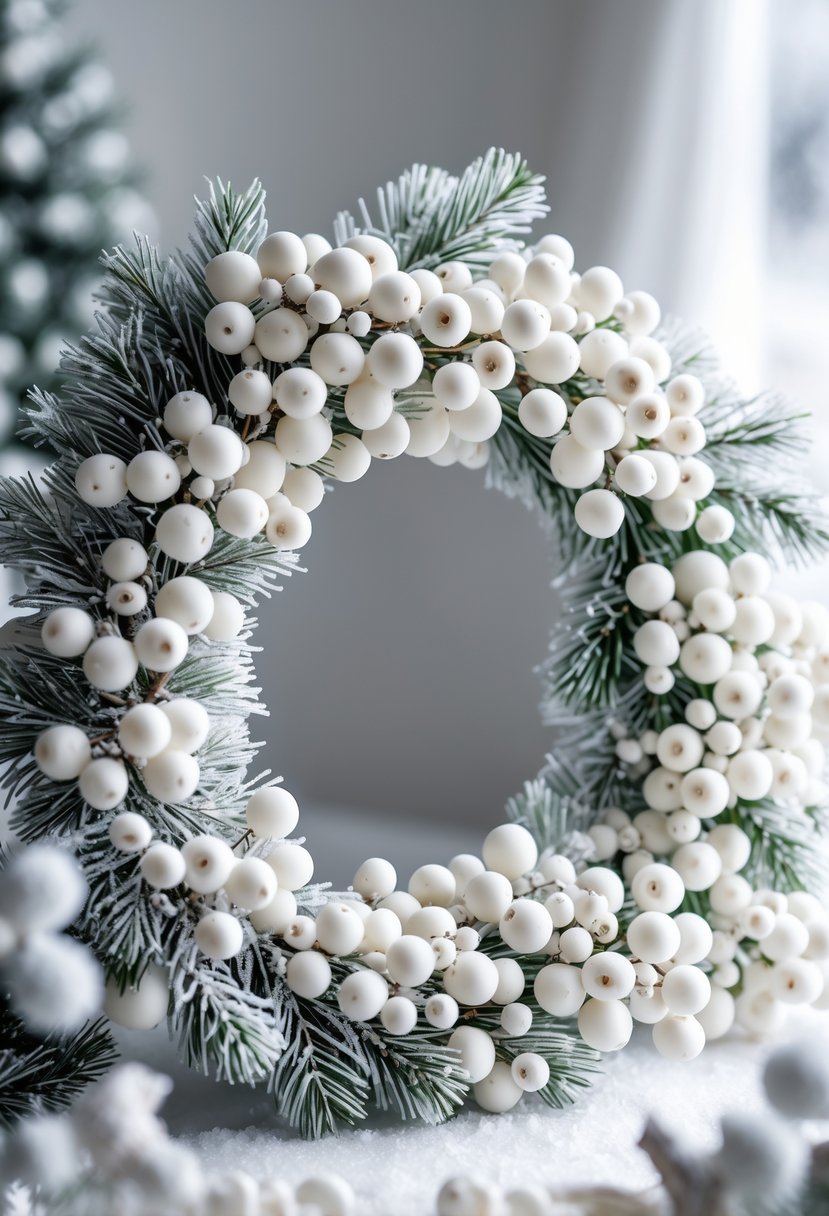 A white berry and frosted pine Christmas wreath with a snowy appearance hanging against a soft background.