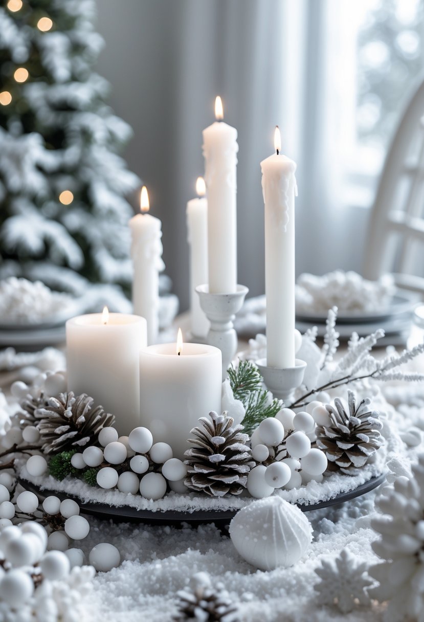 A snowy white table centerpiece with white candles and pinecones arranged for Christmas decoration.