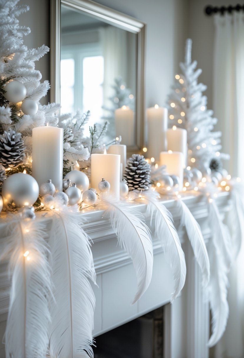 A living room mantel decorated with white feather garlands and white Christmas ornaments.