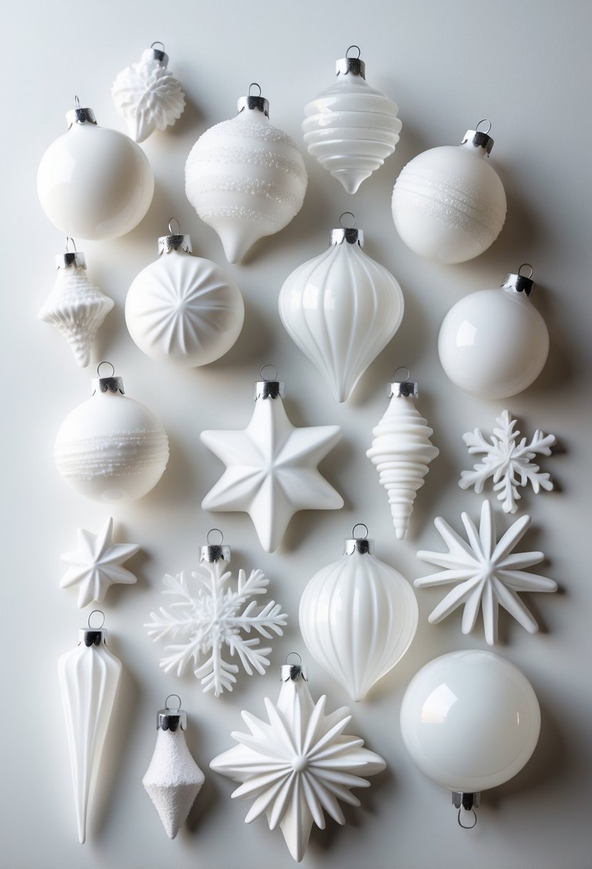 A collection of 15 white glass Christmas tree ornaments in various shapes arranged on a neutral background.