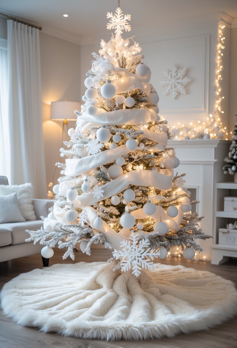 A Christmas tree with an ivory faux fur skirt surrounded by all-white decorations in a cozy living room.