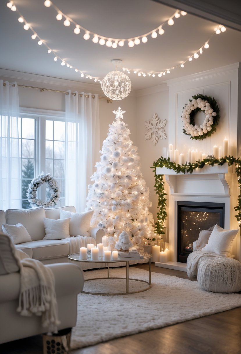 Living room decorated with white fairy lights and all-white Christmas decorations, including a white Christmas tree and white ornaments.