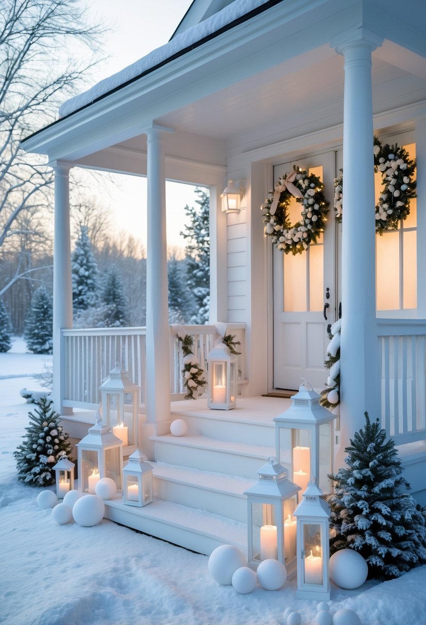 Snow-covered outdoor porch decorated with white lanterns and all-white Christmas decorations.