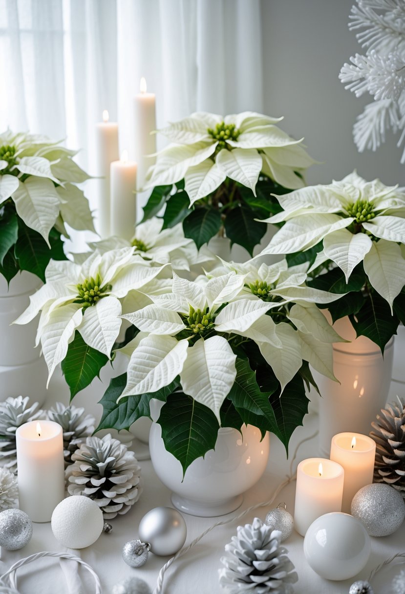 White poinsettia floral arrangements surrounded by white Christmas decorations and candles on a bright surface.