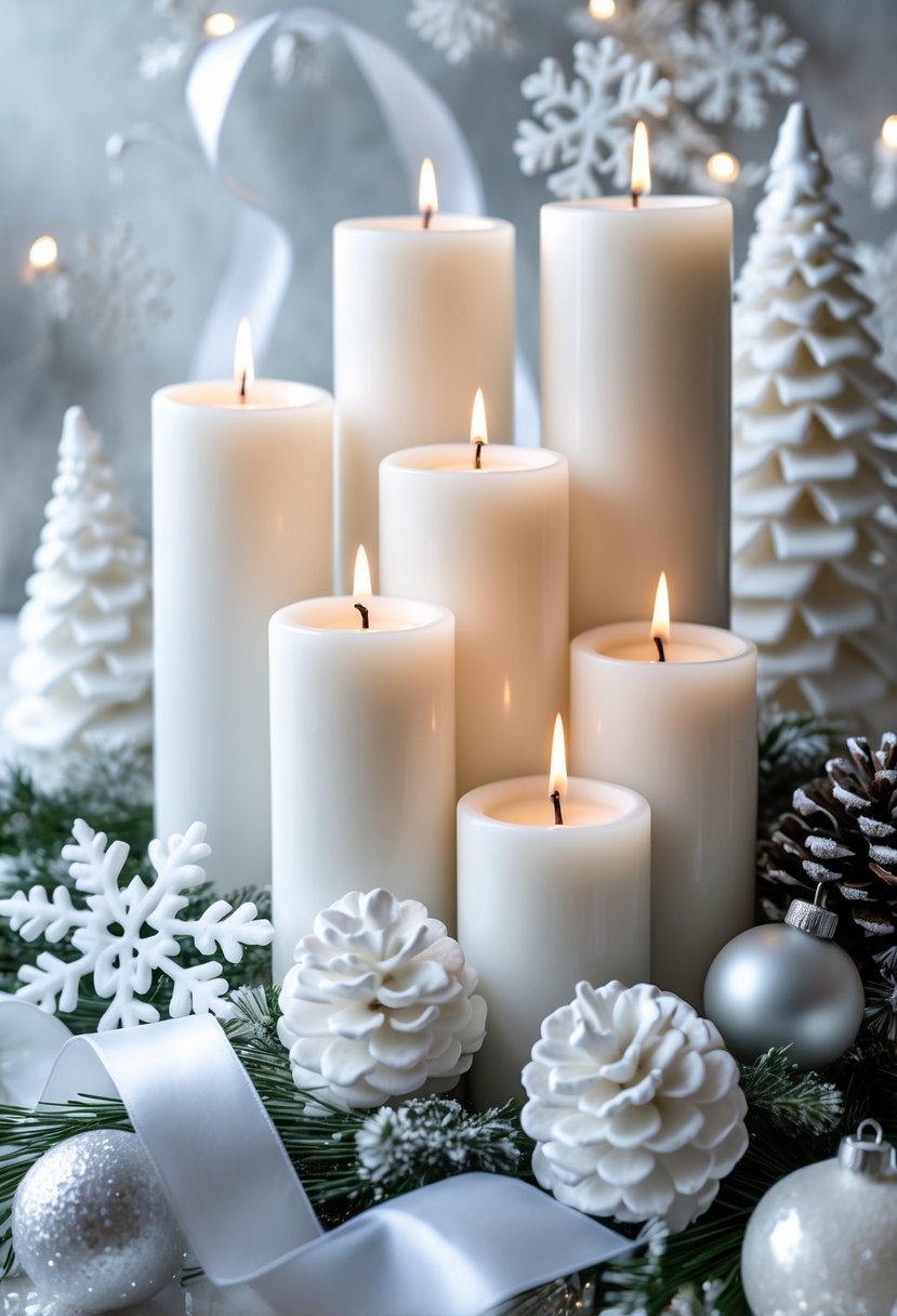 A cluster of white pillar candles of different heights surrounded by white Christmas decorations including ornaments, pinecones, ribbons, and frosted greenery.