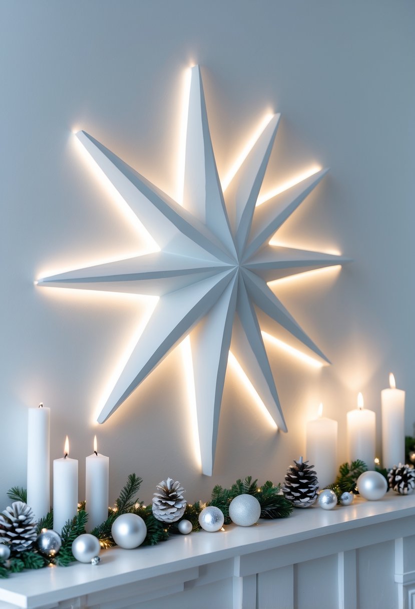 White starburst wall decor with LED lights surrounded by white Christmas decorations on a white wall.