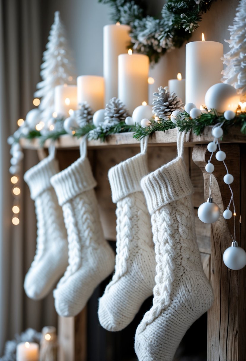 White knitted stockings hanging on a wooden mantel decorated with white Christmas ornaments and candles.