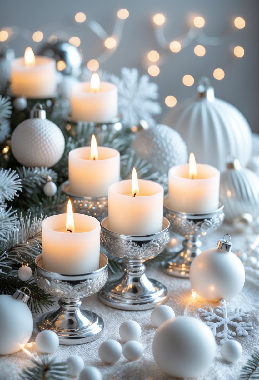 Glowing white candle holders with silver accents surrounded by white Christmas decorations and soft lights.