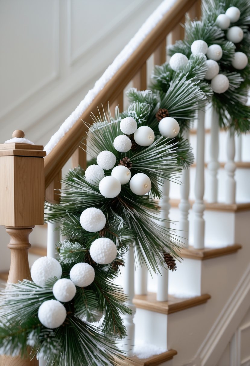 A white berry and pine garland decorated on a stair railing for Christmas.