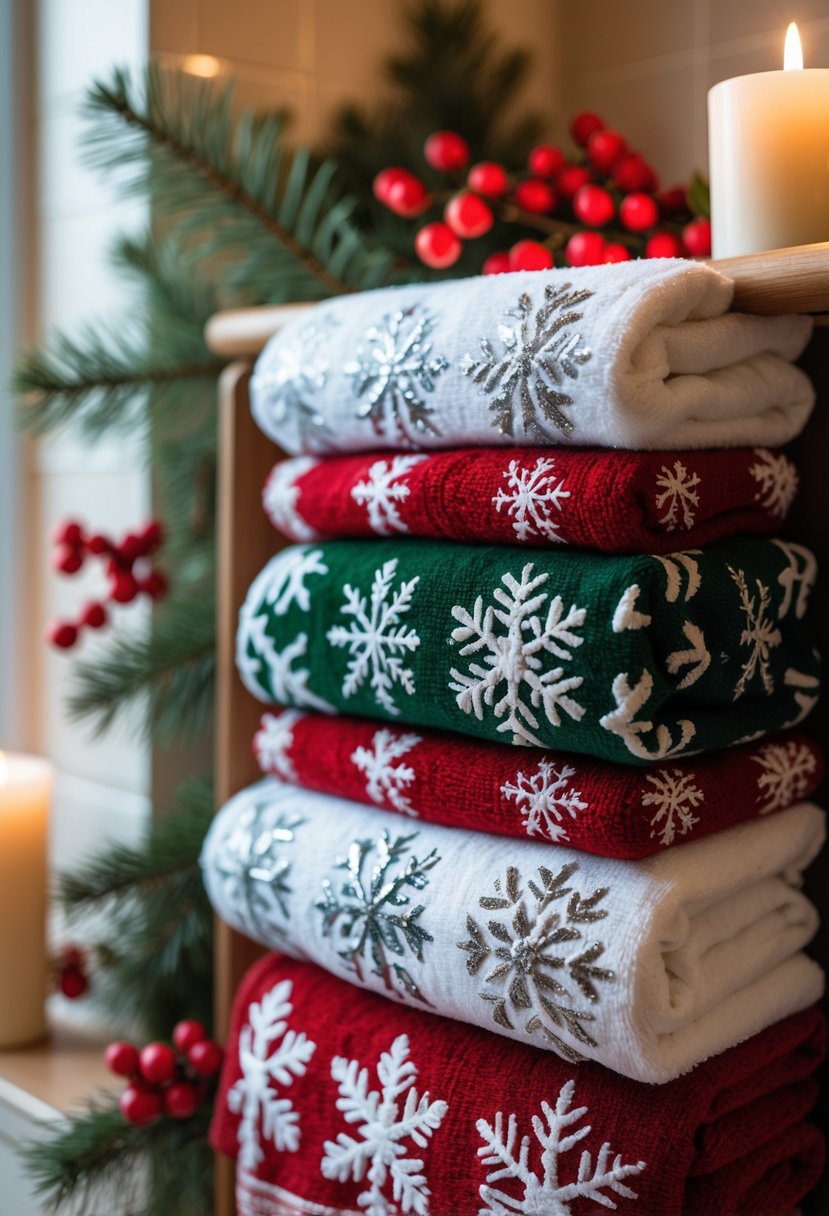 Christmas-themed towels with snowflake patterns displayed in a decorated bathroom with festive accents like pine branches and candles.