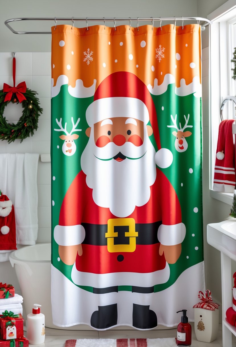 A brightly decorated bathroom with a Santa Claus shower curtain and various Christmas-themed decorations.