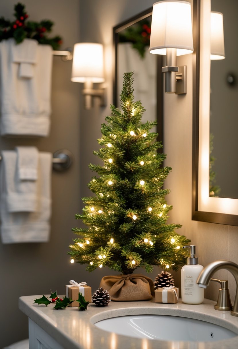 Mini tabletop Christmas tree with LED lights placed on a bathroom countertop surrounded by festive decorations and bathroom items.