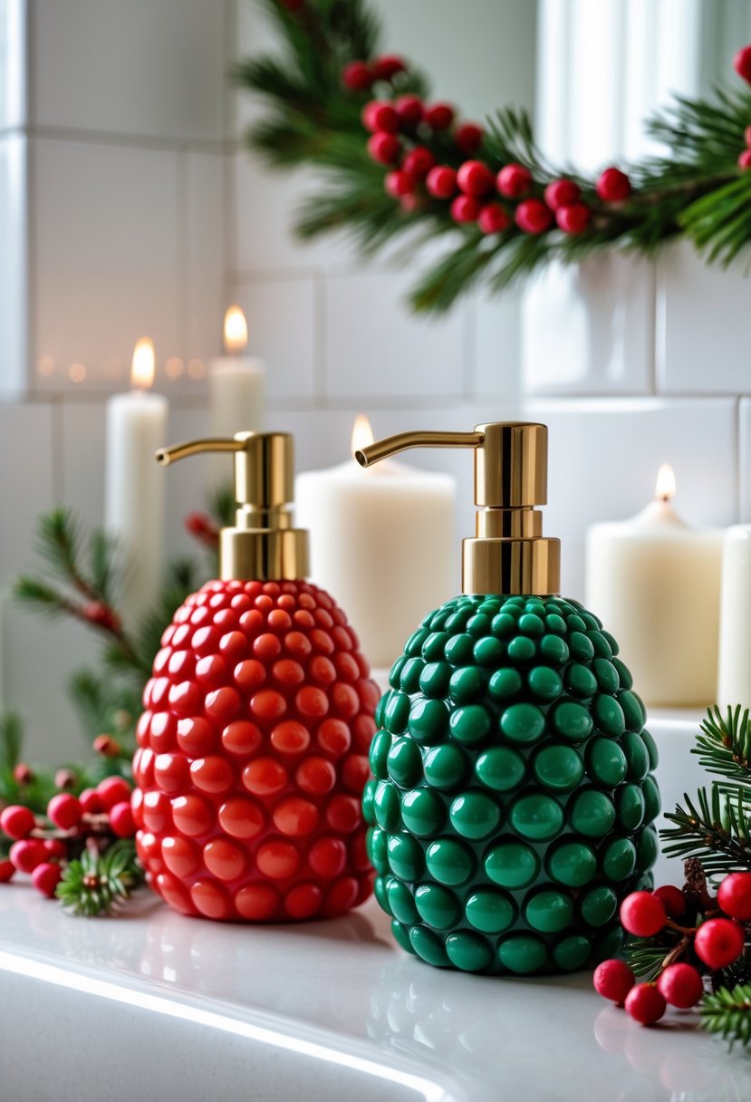 Two pinecone-shaped soap dispensers, one red and one green, on a bathroom countertop with Christmas decorations around them.