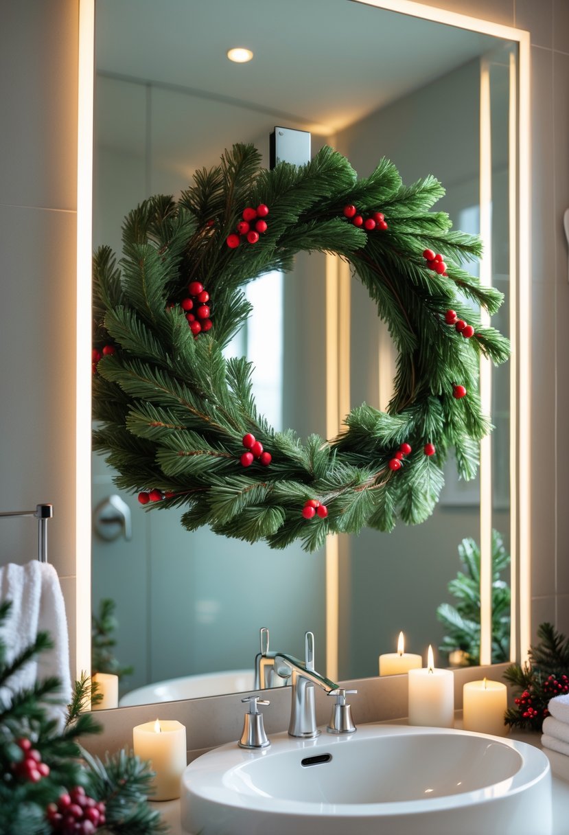 A bathroom mirror decorated with a wreath of pine branches and red berries, surrounded by subtle Christmas decorations.