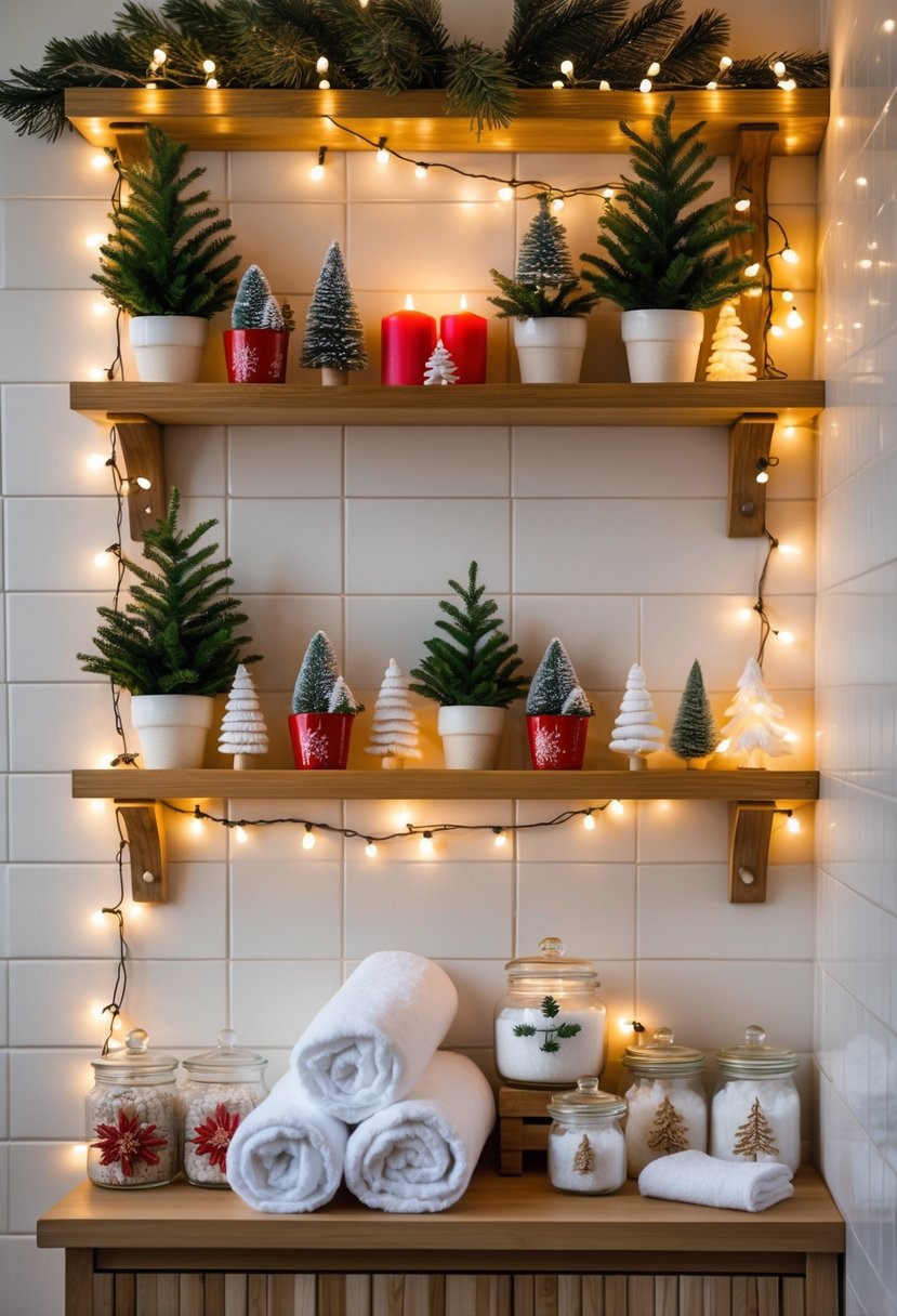 A bathroom with shelves decorated with twinkling fairy lights and various Christmas decorations including plants, candles, and holiday-themed towels.